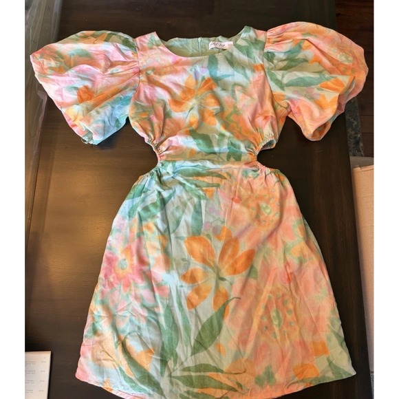 Petal and Pup Dresses & Skirts - Petal & Pup Natalie Puff Sleeve Cutout Mini Dress Coral Print Floral Size Small
